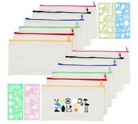 Set de 14 Bolsas de Tela Blancas para Manualidades - 21 x 12 cm - Incluye 4 Plantillas de Dibujo - Bolsas Multicolor para Pintar, Estuches de Lona para Niños, Bolsa Tela Cremallera