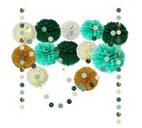 Set de 15 Pompones Decorativos - Pompones de Papel Verde y Guirnalda Circular, flores de papel, Ideales para la decoracion cumpleaños, decoracion fiesta, Navidad, Año Nuevo y otras fiestas.