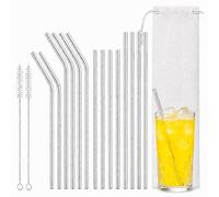 Set de 16 Pajitas Reutilizables de Acero Inoxidable, 4 Largas Rectas, 4 Largas Curvas, 4 Cortas Rectas, 4 Cortas Curvas, con 2 Cepillos de Limpieza y 1 Bolsa, Aptas para Lavavajillas