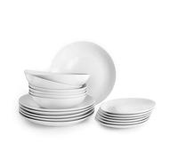 Set de 18 piezas de menaje de cocina en blanco, ideal para servir, preparar y disfrutar de comidas.