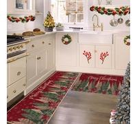 Set de 2 Alfombrillas navideñas Antideslizantes para Cocina y Entrada - Diseño Grueso y cómodo para Interiores y Exteriores, Lavables y Resistentes - Decora y Protege tu hogar en Navidad - Color Rojo