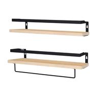 T-LOVENDO.ES Baldas Pared, Estantes de Pared, Juego de 2, Flotante, de Madera, 42 cm, Marco de Metal, Colgante, con Toallero, Barra para Trapos, para Dormitorio, Cocina, Baño, Sala de Estar