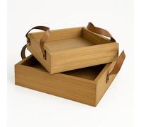 Set de 2 Bandejas Decorativas de Madera Natural con Asas de Cuero, 20x20x5 cm y 17x17x5 cm