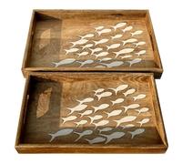 Set de 2 Bandejas Rectangulares Decorativas de Madera Peces Blancos Adornos y Esculturas. Centros de Mesa. Regalos Originales. Decoración Hogar. 43 x 28 x 5 cm.