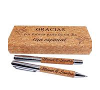 Set de 2 Bolígrafos para Testigos de Boda, Regalo para Testigo de Boda, Quieres ser mi Testigo, Gracias por ser mi Testigo, Boligrafos Personalizados de Corcho con Estuche