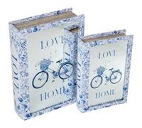 Set de 2 Cajas Libro de Madera DM con Espejo e Interior de Terciopelo Azul y Blanco 30x20x7cm y 24x16x5cm