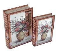 Set de 2 Cajas Libro de Madera DM con Espejo e Interior de Terciopelo Natural, Blanco y Verde 30x20x7cm y 24x16x5cm