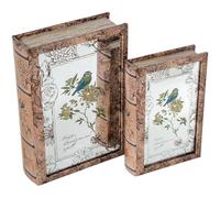 Set de 2 Cajas Libro de Madera DM con Espejo e Interior de Terciopelo Natural y Floreado 30x20x7cm y 24x16x5cm