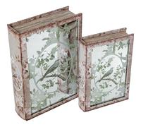 Set de 2 Cajas Libro de Madera DM con Espejo e Interior de Terciopelo Natural y Verde 30x20x7cm y 24x16x5cm