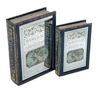 Set de 2 Cajas Libro de Madera DM con Espejo e Interior de Terciopelo Verde y Blanco 30x20x7cm y 24x16x5cm