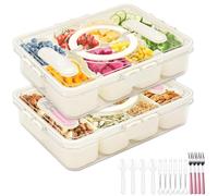 Set de 2 Cajas para Snacks con Tapa - 12 Compartimentos por Bandeja, Transparente y BPA Free - Contenedores Reutilizables para Frutas, Dulces, Salsas, Aperitivos, Picnic y Fiestas - con 4 Tenedores -