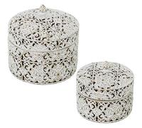 Set de 2 Cajas Redondas con Tapa de Metal Blanco y Dorado 19x20.5x20.5 cm