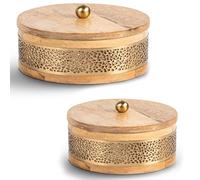 Set de 2 Cajas Redondas de Madera y Metal Dorado 20x20x8cm y 15x15x8cm