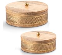 Set de 2 Cajas Redondas de Madera y Metal Dorado 20x20x8cm y 15x15x8cm