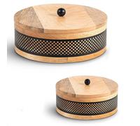 Set de 2 Cajas Redondas de Madera y Metal Natural y Negro 20x20x8cm y 15x15x8cm