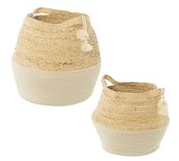 Set de 2 Cestos Redondos con Asas de Mimbre en Tonos Natural y Blanco 30x38cm y 24x31cm
