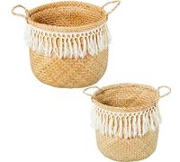 Set de 2 cestos Redondos con Flecos de Hierba de mar en Natural y Blanco 40x40x30 cm