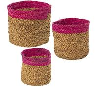 Set de 2 Cestos Redondos de Mimbre en Tonos Natural y Fucsia 33x32cm, 29x28cm y 26x25cm