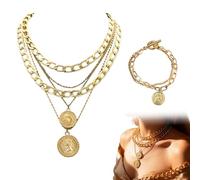 Set de 2 - Collar y Pulsera Dorados Estilo Pirata con Cadena Gruesa y Colgante de Moneda Grabada - Accesorios Punk para Mujer, Carnaval y Halloween