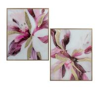 Set de 2 cuadros flores abstractas con marco de madera en rosas y dorado 53x4.2x63 cm