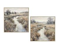 Set de 2 Cuadros Lienzo de un Rio con Marco de Madera Natural en Blanco, Verde y Beige 40x40x1.9 cm