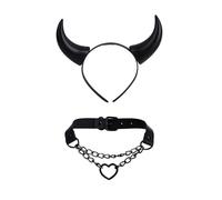 Set de 2 gargantillas góticas negras, gargantilla de cuero para mujer con cuernos de diablo, collar BDSM ajustable, orejas de vampiro y cuernos de diablo, Halloween, carnaval y fiesta de disfraces