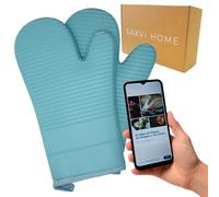 Set de 2 Guantes de Horno SAXVI Home - Manoplas Horno de Silicona Antideslizante con Forro Acolchado - Resistentes al Calor para Horno, Barbacoa y Cocina - con Recetario Descargable QR (Light Blue)
