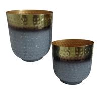 Set de 2 maceteros de Metal en Dorado y Celeste 26x26x30 y 21x21x24cm