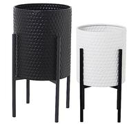 Set de 2 maceteros Redondos de Metal con Patas en Blanco y Negro 31x31x59 cm