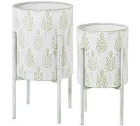 Set de 2 maceteros Redondos de Metal Decoracion Hojas en Blanco y Verde 31x31x58 cm