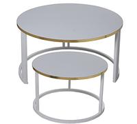 Set de 2 mesas de Centro Redondas de Madera y Metal en Blanco y Dorado 80x43cm y 60x38cm