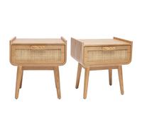 Set de 2 mesillas de noche con cajón de madera maciza clara y caña de ratán ATHÈNE