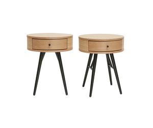 Set de 2 mesillas de noche redondas con cajón de madera clara y metal negro KORAL
