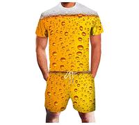 Set de 2 piezas de camisa hawaiana + pantalones cortos para hombre, impresión 3D, casual, cuello redondo, camiseta fea, top y pantalones cortos elásticos en la cintura con cordón, camiseta de manga