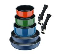 Set de 2 Sartenes Ø22Ø26cm Aluminio fundido Azul + 3 Cazos Ø16Ø18Ø20cm Aluminio prensado en 3 colores + 2 Mangos extraíbles Click&Cook Bergner