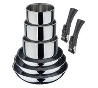 Set de 2 Sartenes Ø24Ø26cm revestimiento ILAG + 3 Cazos Ø16Ø18Ø20cm SIN revestimiento + 2 Mangos extraíbles - En acero inoxidable Click&Cook Bergner