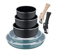 Set de 2 sartenes ø24ø28cm con mango extraíble color verde + 3 cazos ø16ø18ø20cm con mango extraible color negro -aluminio prensado click&cook bergner