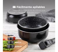 Set de 2 Sartenes Ø24Ø28cm con Mango extraíble color Verde + 3 Cazos Ø16Ø18Ø20cm con Mango extraible color Negro -Aluminio prensado Click&Cook Bergner
