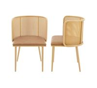 [en.casa] Set de 2 Sillas de Comedor Respaldo en Forma Semicircular de Ratán Juego de 2 Asientos Acolchados para Salón Polipiel/Metal 75 x 52 x 49 cm - Marrón y Efecto Madera