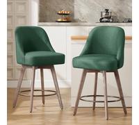 Set de 2 taburetes de bar con altura de mostrador, modernos taburetes giratorios de mediados del siglo con respaldos y patas de madera, sillas tapizadas en tela de lino, altura del asiento 66 cm