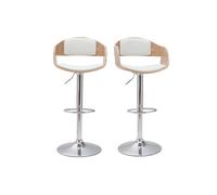 Set de 2 taburetes de cocina ajustables de poliuretano blanco y madera clara EUSTACHE