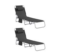 SoBuy Set de 2 Tumbonas Plegable de Jardín, Silla Playa con Almohada y Bolsillo Lateral, Tumbona Reclinable para Patio, Camping, Playa, Negro, 155x56x81cm, OGS35-SCHx2