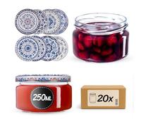 Set de 20 tarros para mermelada KADAX de 250 ml con tapa de rosca Ø 82 mm en azul/blanco - hermético, apto para lavavajillas, ideal para mermelada, chutneys, verduras encurtidas, carne, pasteles y