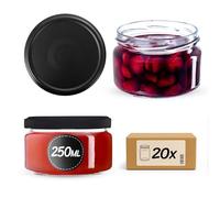 Set de 20 tarros para mermelada KADAX de 250 ml con tapa de rosca de Ø 82 mm en negro mate - hermético, apto para lavavajillas, ideal para mermelada, chutneys, verduras encurtidas, carne, pasteles y