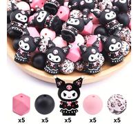 Set de 25 cuentas de silicona 3D Kuromi negras para manualidades y accesorios
