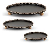 Set de 3 bandejas Decorativas Redondas de Metal con Patas de Madera en Negro y Natural Ø30x4 cm, ø25x4 cm, ø20x4 cm