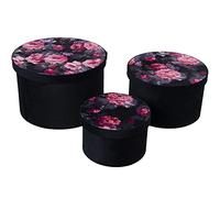 Set de 3 Cajas Redondas Negras de Terciopelo Estampado con Flores 30x20cm, 26x16cm y 20x13cm