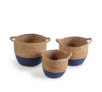 Set de 3 cestas anxo de fibra natural con asas, azul/natural