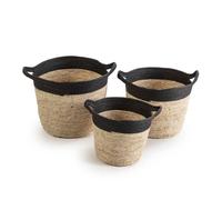 Set de 3 cestas otilia de fibra natural y papel, negro/beige con asas