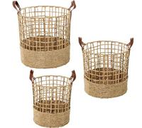 Set de 3 cestos de Cuerda de Papel con Asas de Polipiel Natural ø43x41+ø38x36+ø32x33 cm